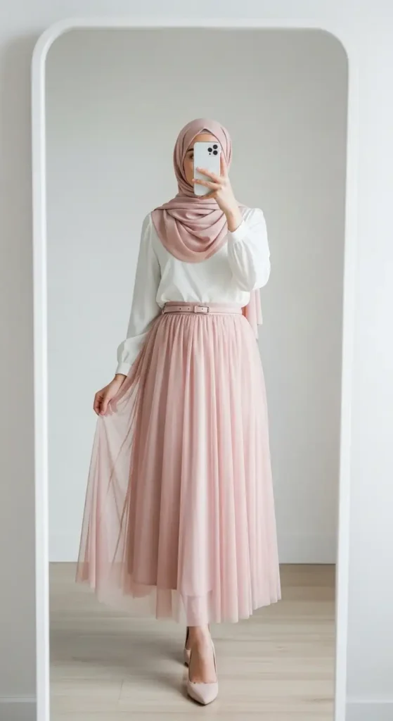 Elegant pink tulle skirt with white blouse and matching hijab for a soft feminine look – Birthday Girl Outfit Ideas With Hijab.