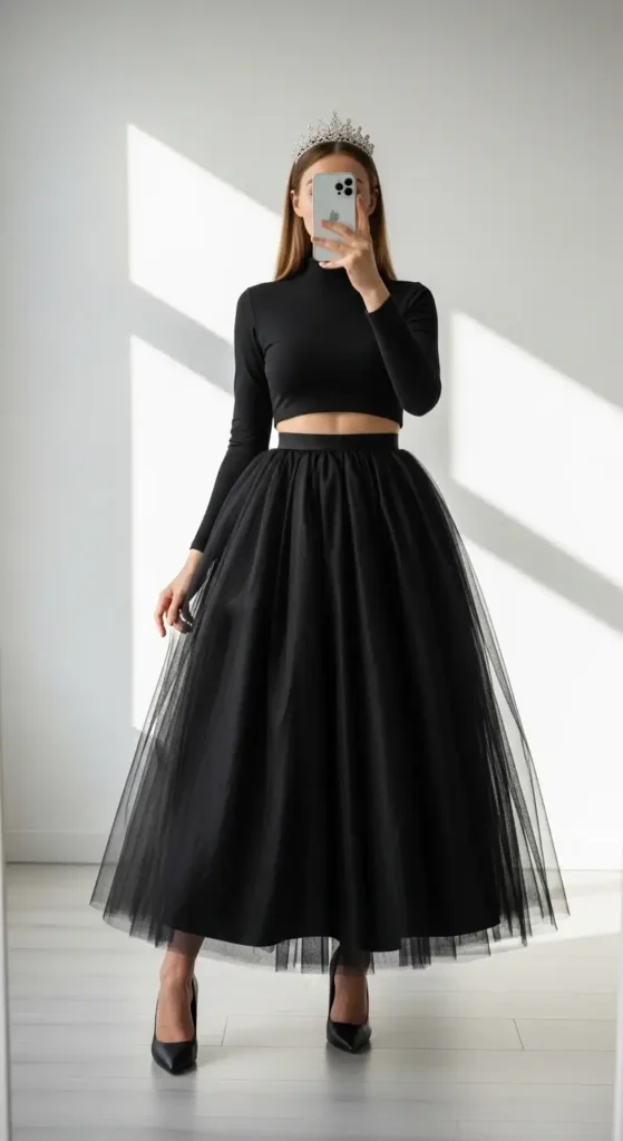 Black tulle skirt with fitted crop top and crown — a dramatic Black Birthday Photo Shoot Outfit Idea