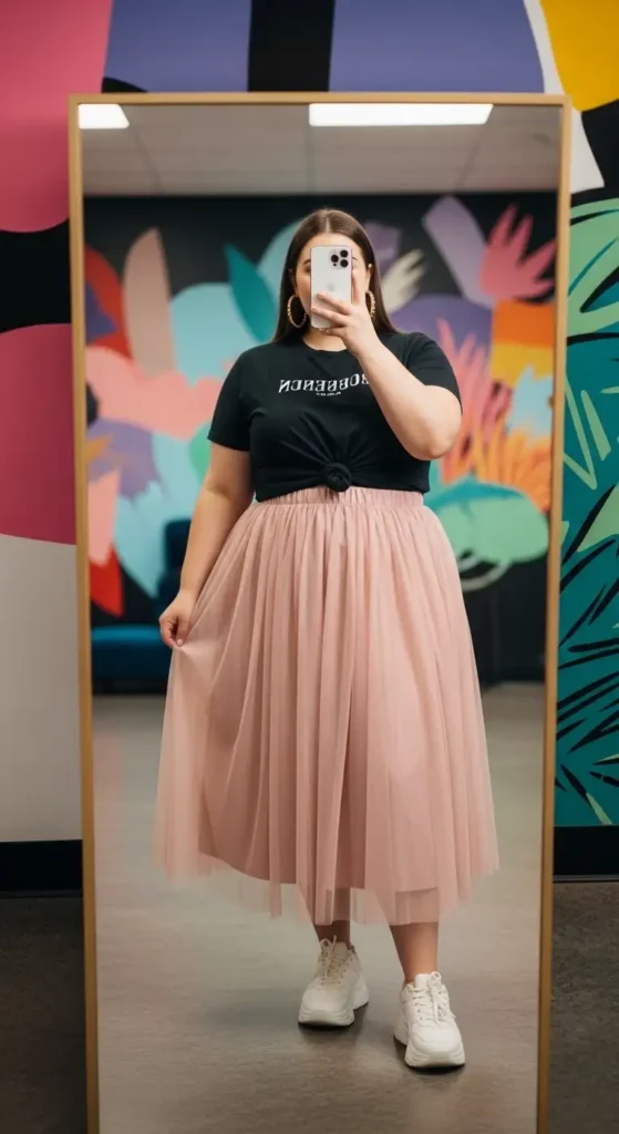 
Pink tulle skirt with black graphic tee — a fun birthday photo shoot outfit idea for plus size women.
