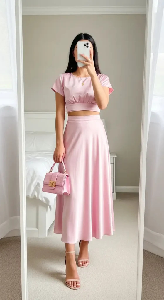 Woman in a cute pink two-piece co-ord set holding a handbag for Birthday Girl Outfit Ideas for Women.