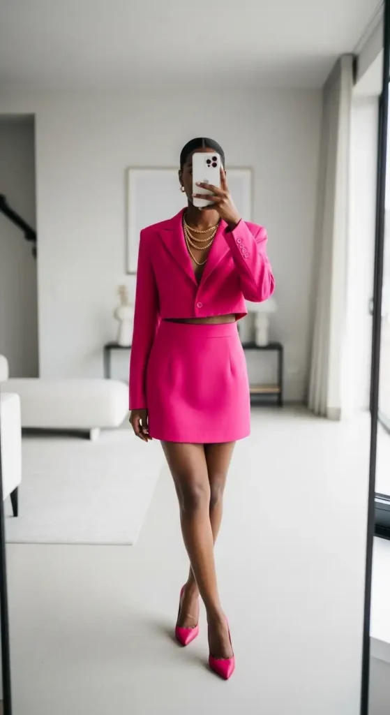 Hot pink cropped blazer and skirt set for Birthday Girl Outfit Ideas for Black Women