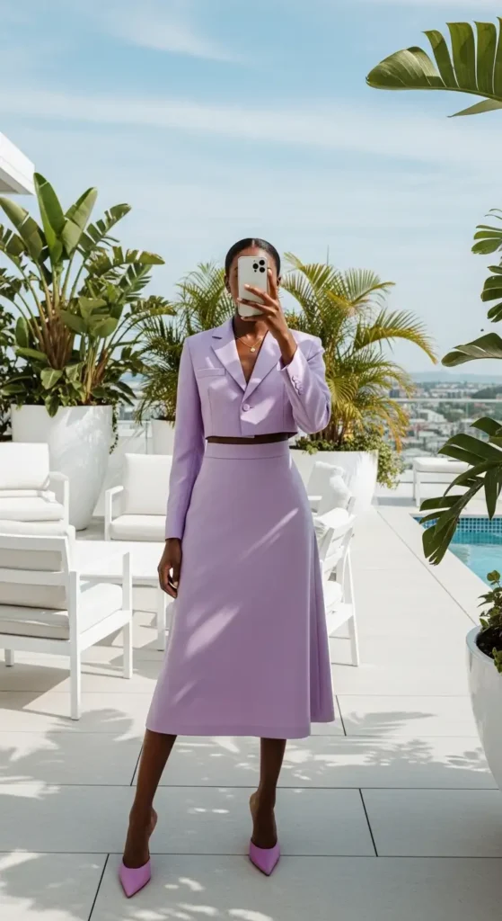 Lilac two-piece skirt suit birthday brunch outfit idea for Black women in a sunny rooftop terrace mirror selfie