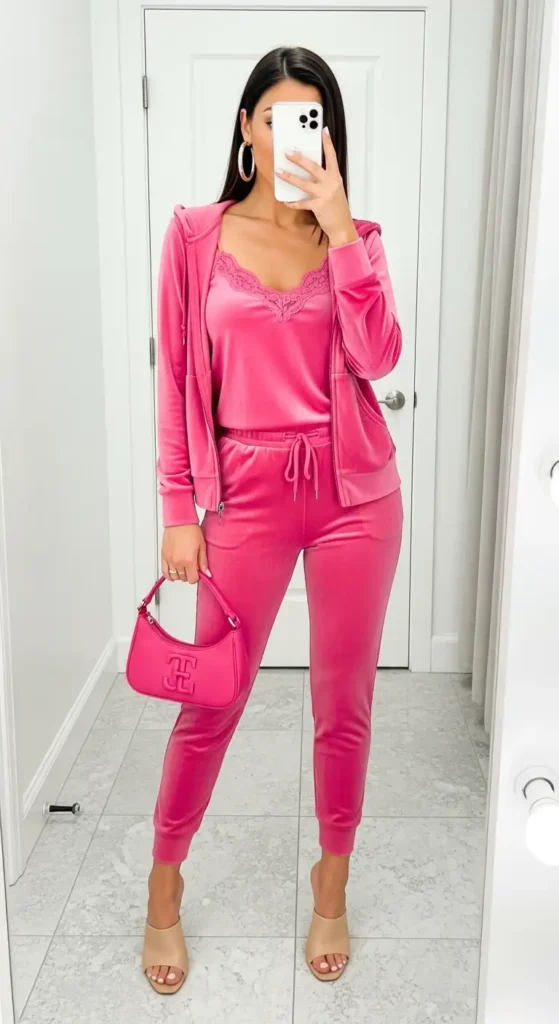 Mirror selfie of a woman in a bright pink velour tracksuit, a fun choice for Y2K Party Outfit Ideas for Women.