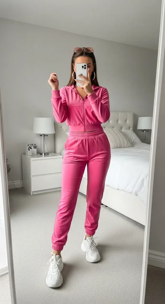 Iconic pink velvet tracksuit: perfect Early 2000s Outfit Ideas.