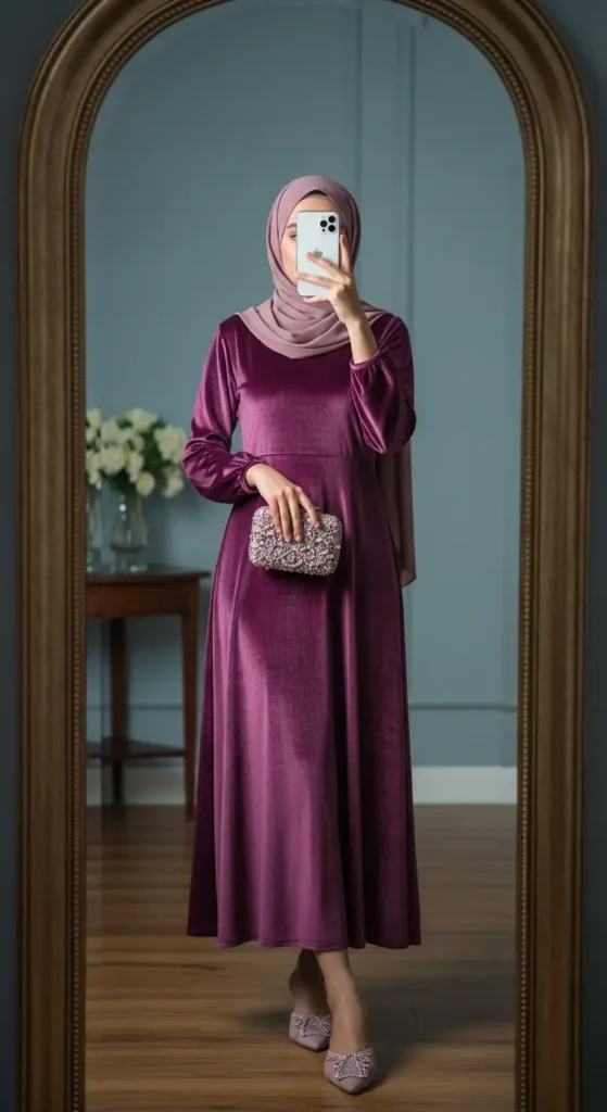 Rich magenta velvet midi dress with matching hijab and embellished heels – Birthday Girl Outfit Ideas With Hijab.