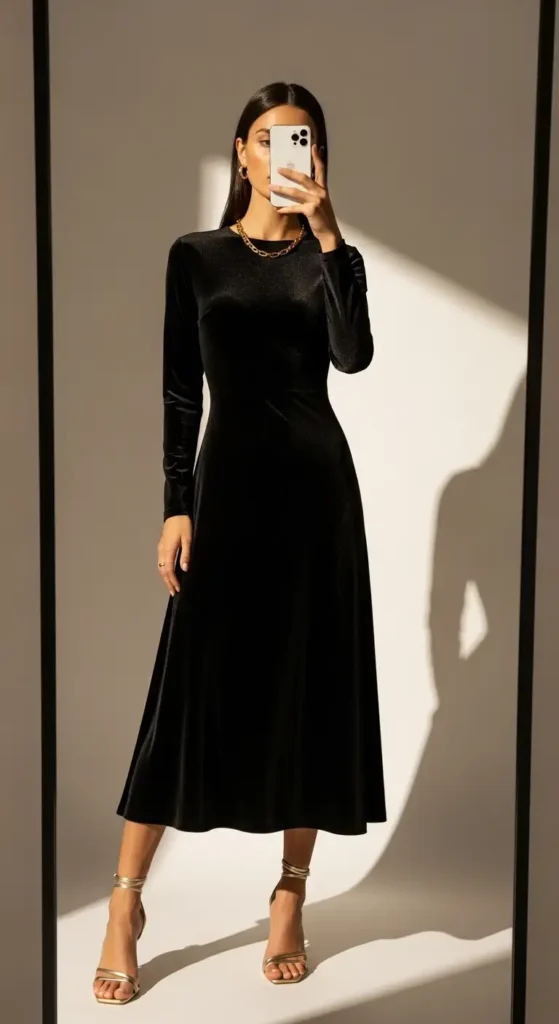 Long-sleeve black velvet midi dress with gold heels and chain necklace — a refined Black Birthday Photo Shoot Outfit Idea