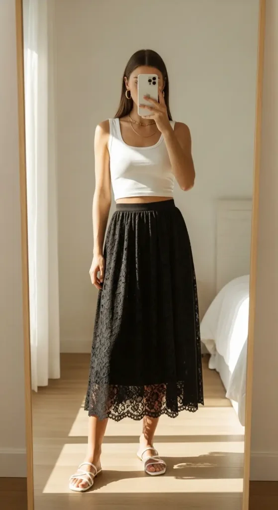 Mirror selfie of a white crop top paired with a black lace skirt outfit idea for summer