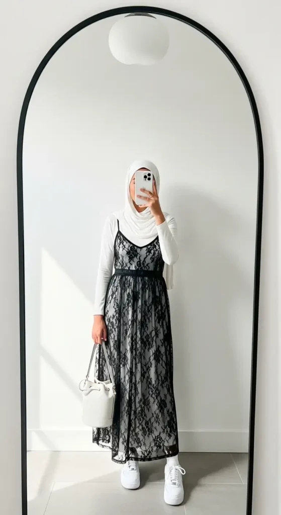 White underlayer under sheer black lace skirt hijab style in 10 Black Lace Skirt Outfit Ideas with Hijab