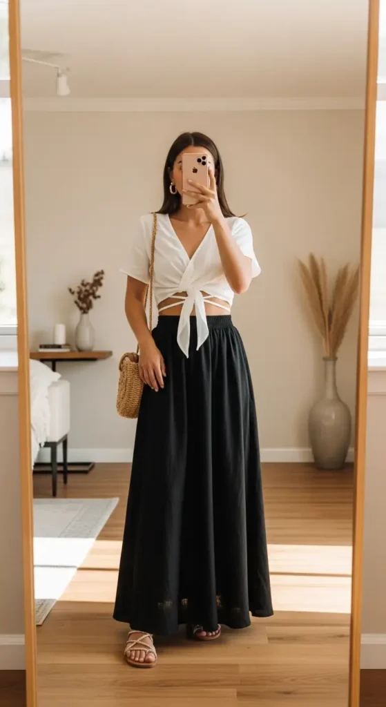 Mirror selfie of a casual black long skirt outfit idea for summer — white tie-front crop top and woven bag