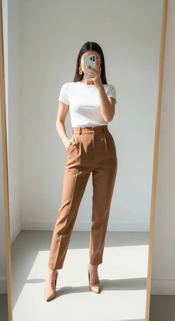 Birthday Photo Shoot Outfit Ideas mirror selfie in a white fitted tee and high-waisted camel trousers