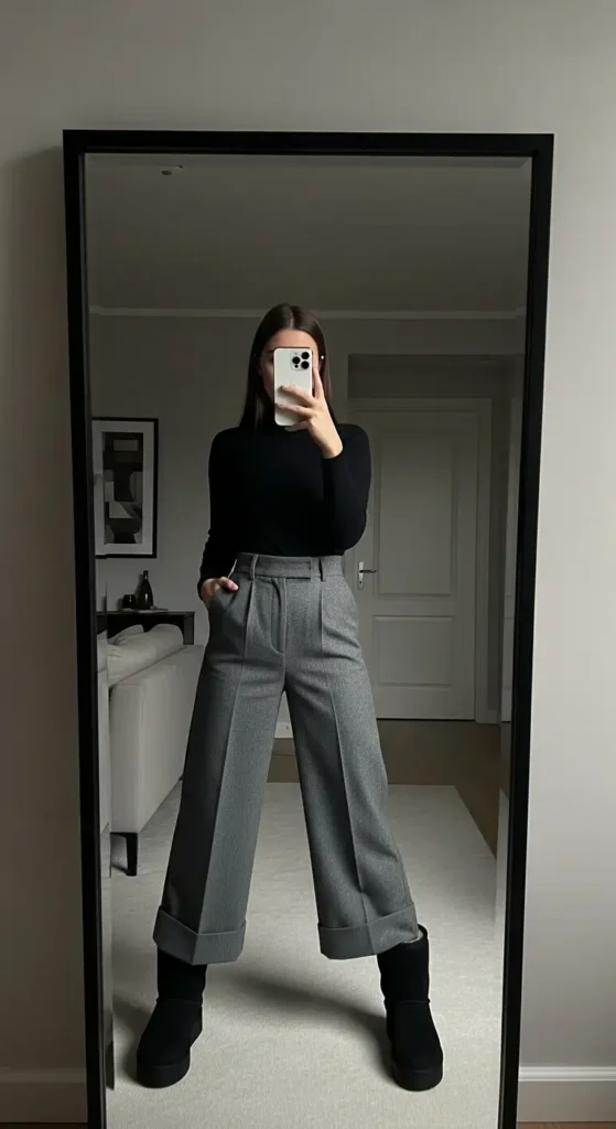Woman in black turtleneck and grey wide-leg trousers with Black Ugg Outfit Ideas platform