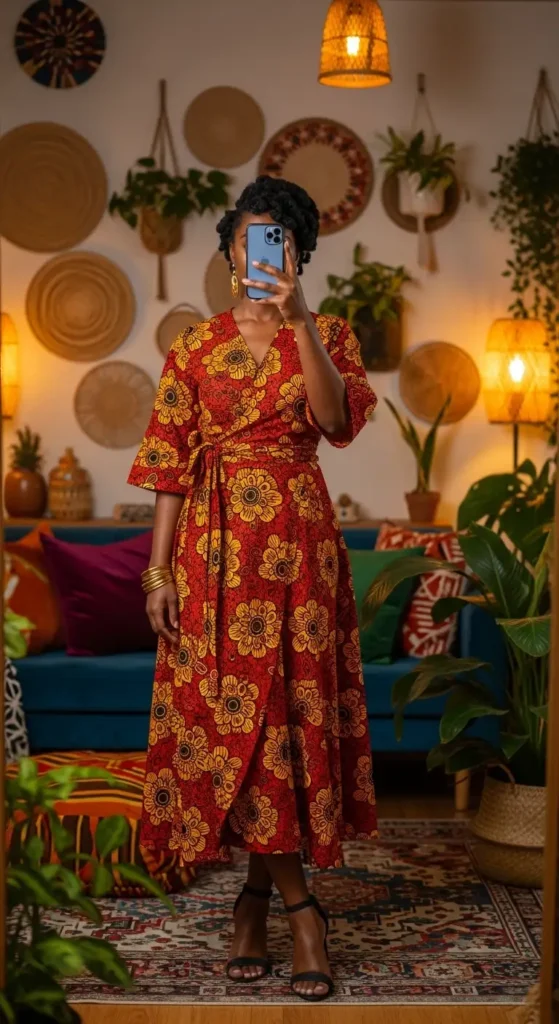 Bold red African print wrap dress birthday brunch outfit idea for Black women in a bohemian living room selfie