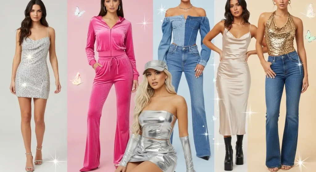 Vibrant collage of women modeling sparkly dresses, velvet sets, denim looks and more as Y2K Party Outfit Ideas for Women.