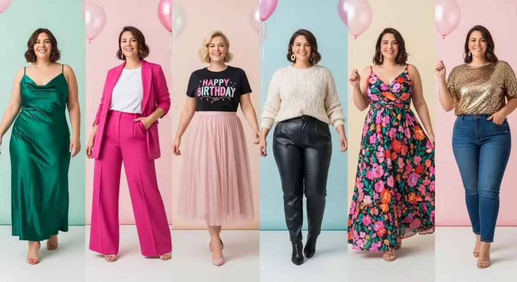 Six birthday photo shoot outfit ideas designed for plus size women in a colorful party-themed collage.