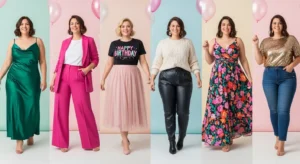 Six birthday photo shoot outfit ideas designed for plus size women in a colorful party-themed collage.