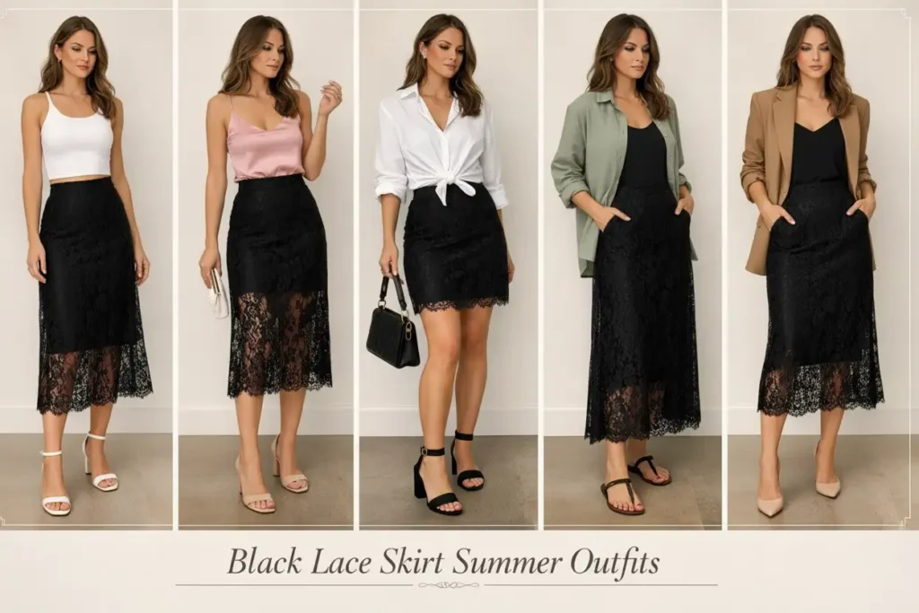Five casual black lace skirt outfit ideas for summer in a collage styled with crop tops, satin, linen, and a blazer
