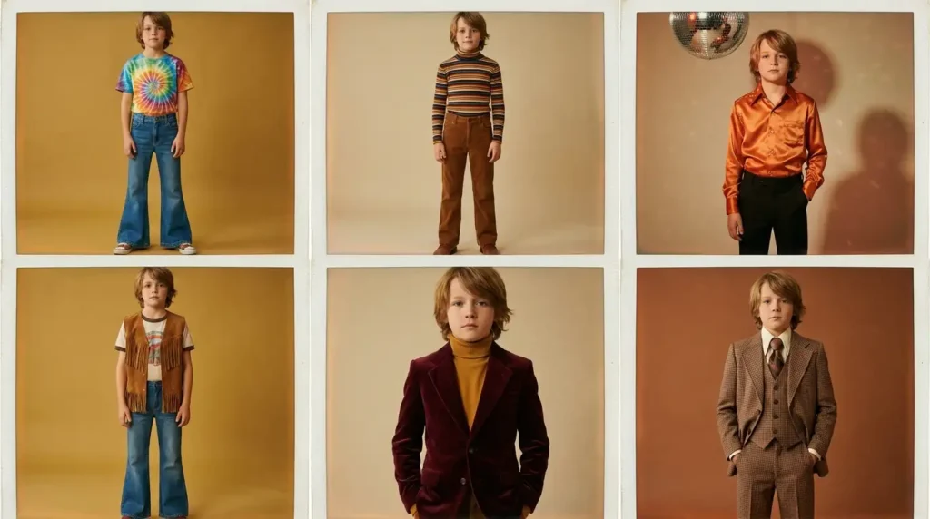 70s Outfit Ideas for Boys collage showing tie-dye, corduroy, satin shirt, hippie vest, velvet blazer, and three-piece suit looks.