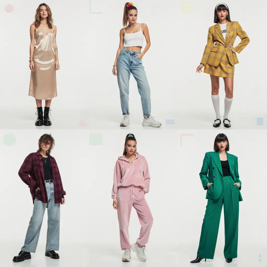 90s Outfit Ideas for Women featuring slip dress, mom jeans, plaid set, flannel, velour tracksuit, and power suit collage