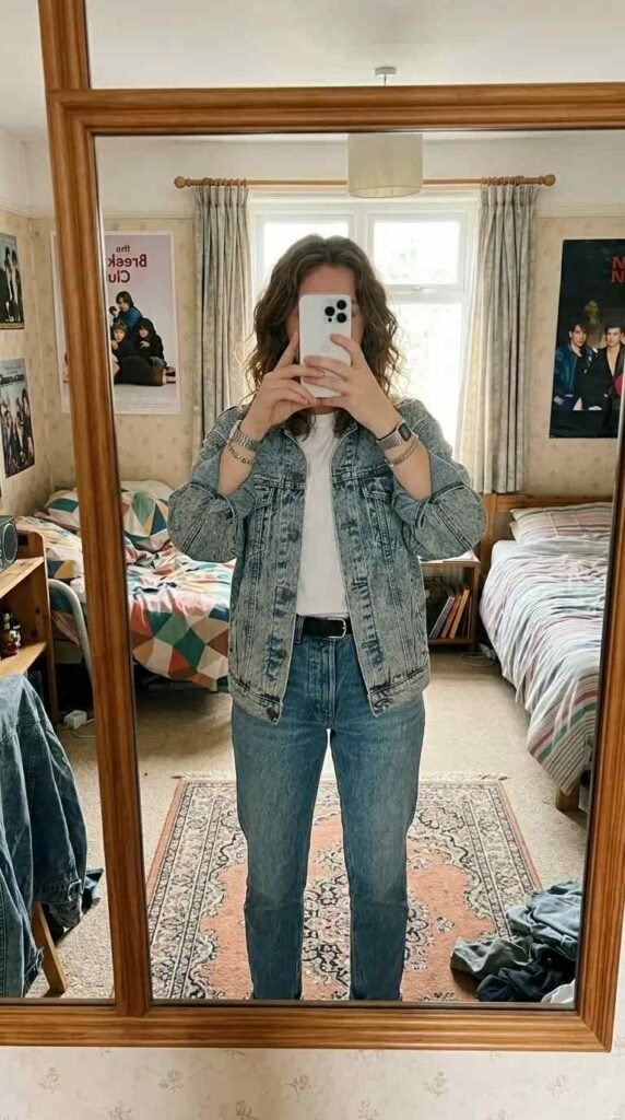An acid wash denim jacket and white tee mirror selfie capturing Stranger Things outfit ideas 80s Eleven fans love.
