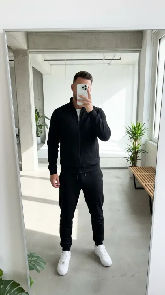 Casual black men outfit ideas: zip-up track jacket, joggers, and white sneakers in a mirror selfie