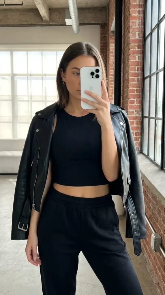 Black concert outfit ideas for women: leather moto jacket over black crop top and joggers, mirror selfie