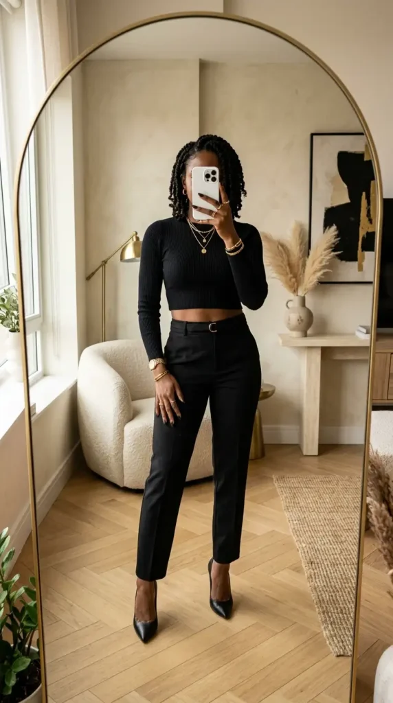 Confident Black woman in all-black ribbed crop top and trousers with heels, taking mirror selfie. Black Women Baddie Outfit Ideas.