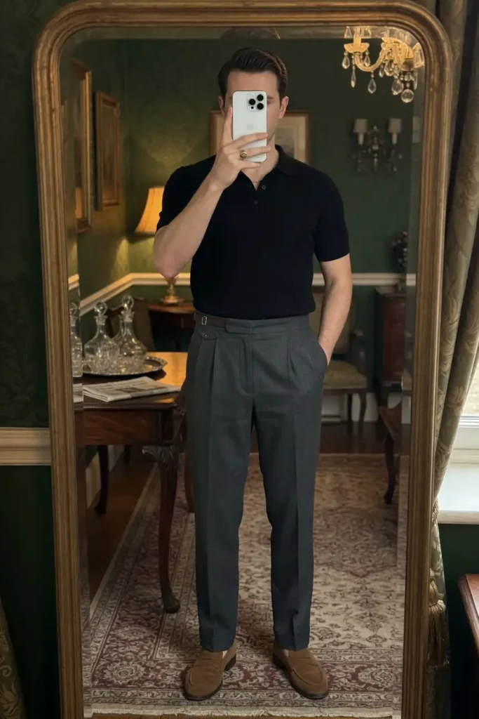 Old money black outfit ideas for men: relaxed black linen shirt, cream pleated trousers, and espadrilles by the sea.