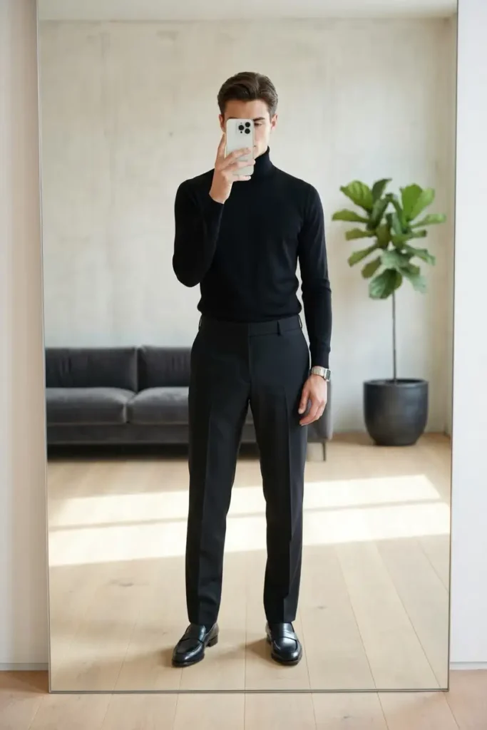 All-black 90s style outfit ideas for men: black turtleneck, slim trousers, and loafers for a sleek minimal loo