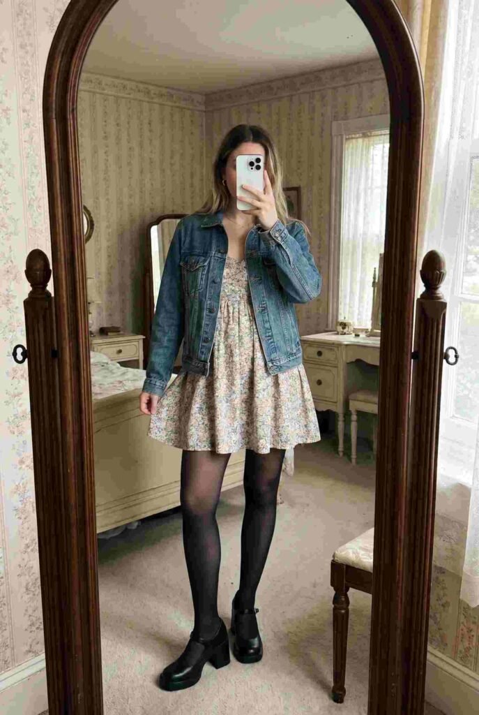 Babydoll Dress with Tights, denim jacket, and chunky boots — a sweet 90s Outfit Idea for Women