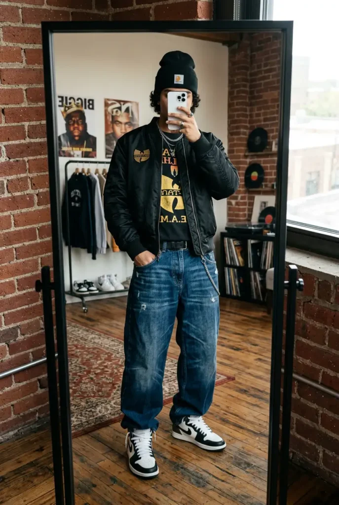 90s style outfit ideas for men featuring baggy jeans, bold graphic tee, and a classic bomber jacket combo.
