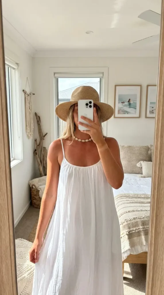Casual Outdoor Pre-Wedding Outfit Ideas: white sundress with wide-brim straw hat and a shell necklace