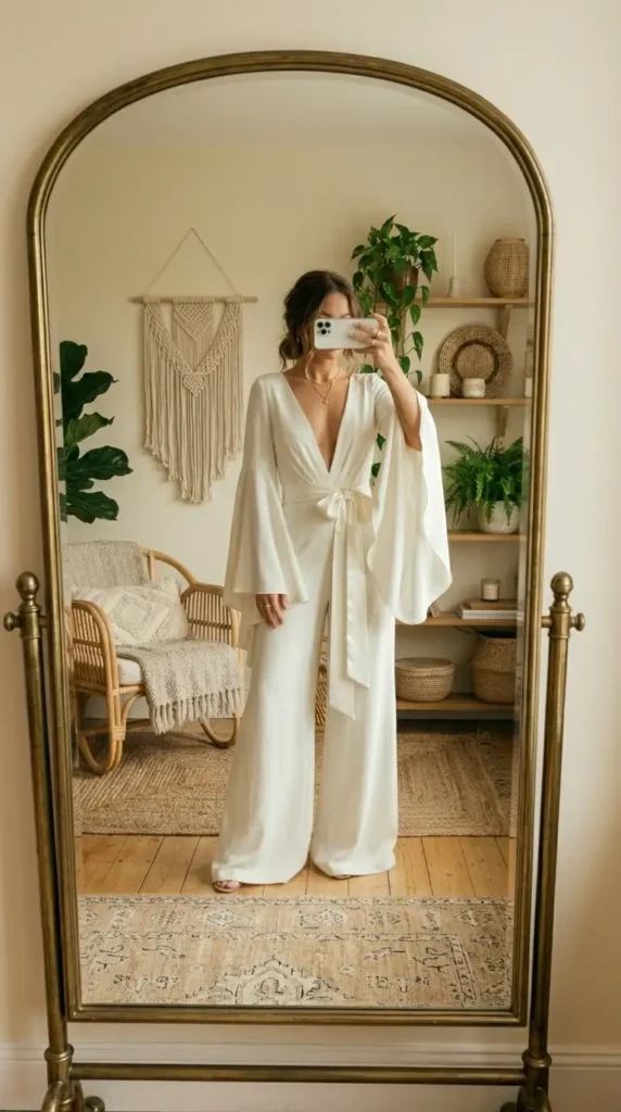 Ethereal Wedding Outfit Ideas: white bell-sleeve boho bridal jumpsuit with tie waist, mirror selfie