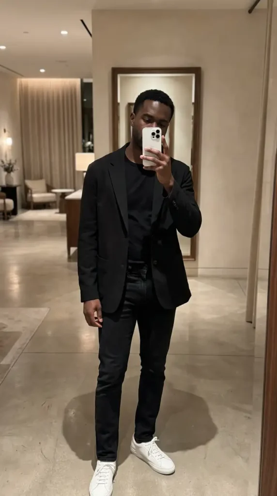 Casual black men outfit ideas featuring a sleek blazer over a black tee with slim jeans and white sneakers.