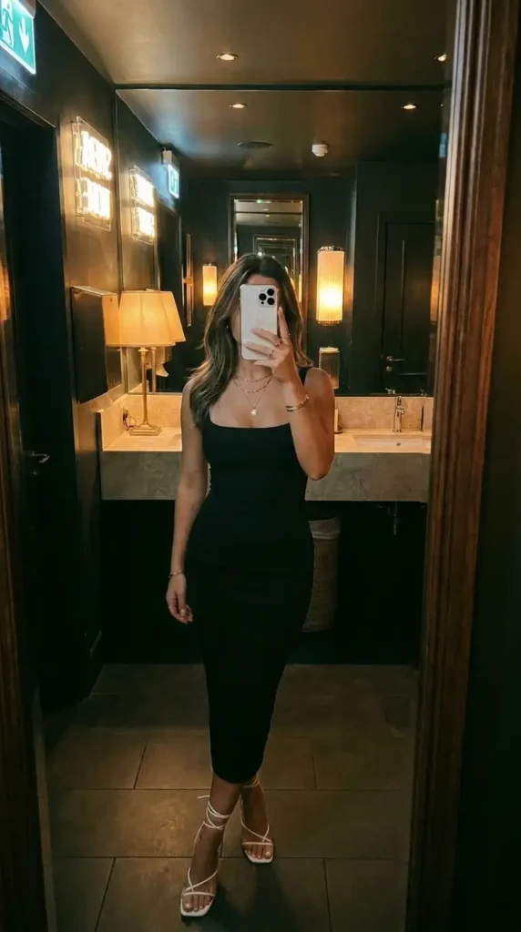 Black and White Outfit Ideas for Birthday Parties: sleek black bodycon midi dress styled with white strappy heels.