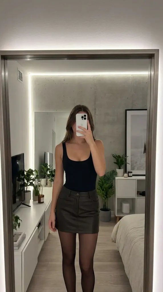 Black concert outfit ideas for women featuring a scoop-neck bodysuit, faux leather mini skirt, and sheer tights