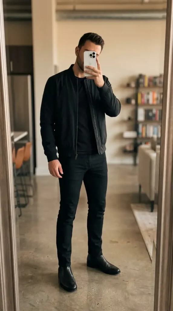 Casual black men outfit ideas: bomber jacket, fitted black tee, slim jeans, and Chelsea boots in a mirror selfie.