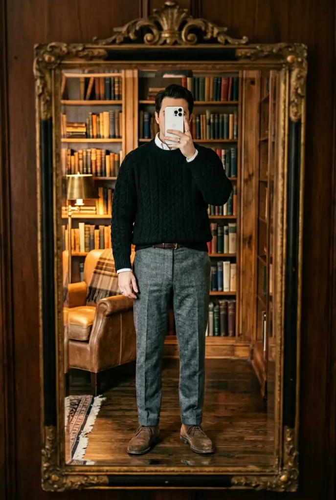 Old money black outfit ideas for men: cashmere cardigan over white Oxford shirt with khaki chinos and penny loafers
