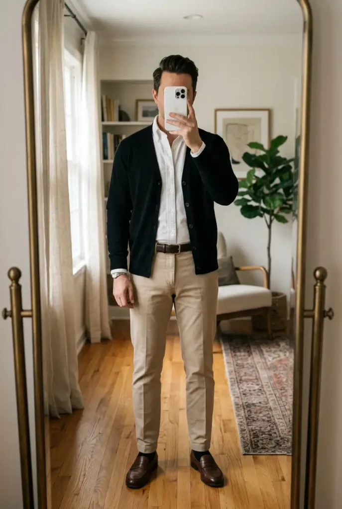 Old money black outfit ideas for men: cable knit sweater, grey flannel trousers, brown suede chukkas in a library