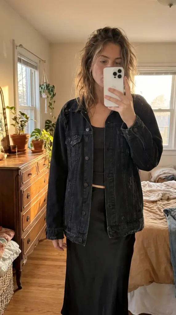 Black concert outfit ideas for women: oversized black denim jacket layered over crop top and black midi skirt
