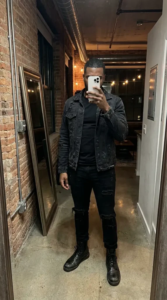 Casual black men outfit ideas with a distressed denim jacket, ripped jeans, and combat boots in moody lighting