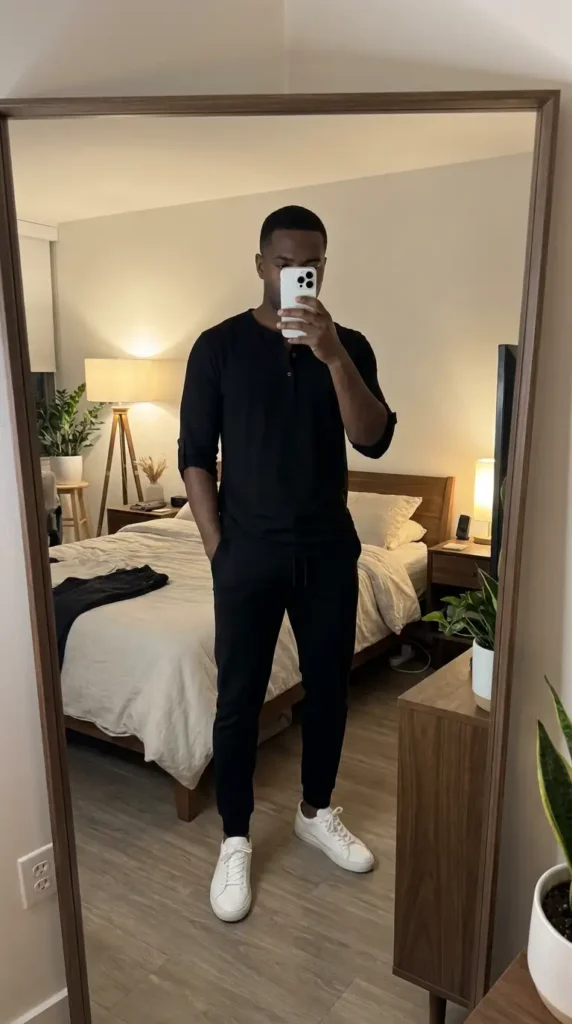Casual black men outfit ideas: rolled-sleeve Henley shirt, slim joggers, and white sneakers in a bedroom mirror.
