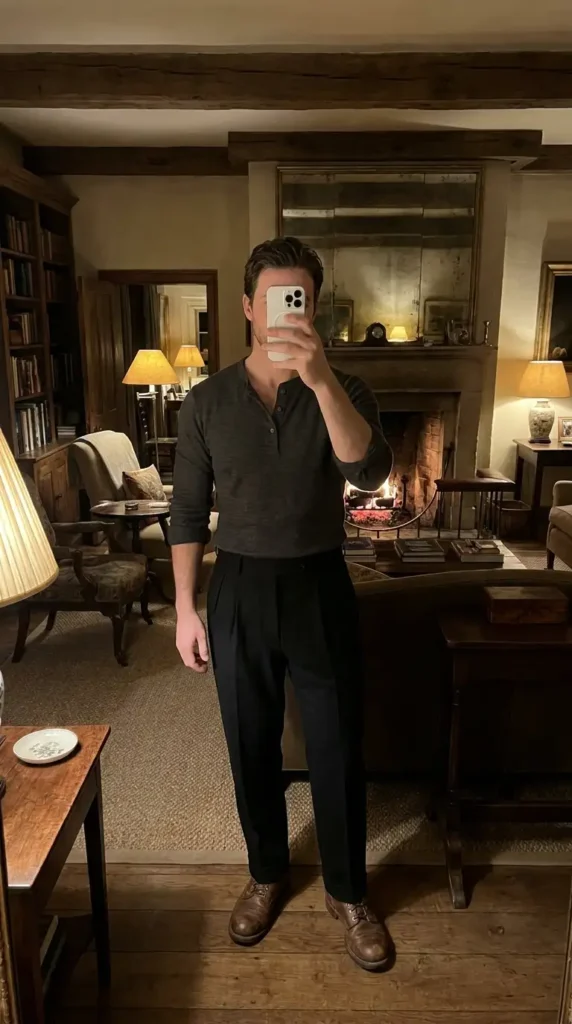 Old money black outfit ideas for men: dark henley paired with pleated black wool trousers and brown leather brogues
