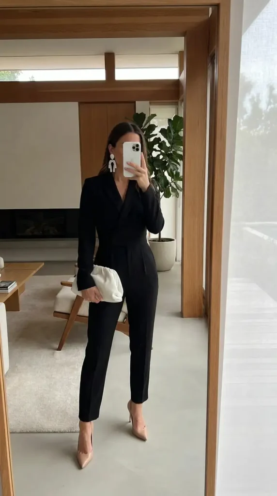 Black and White Outfit Ideas for Birthday Parties: tailored black jumpsuit paired with bold white statement earrings.