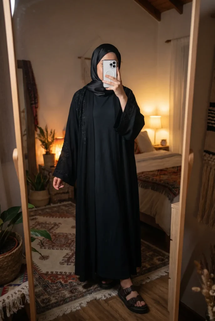Luxurious black velvet abaya with a burgundy satin hijab — black outfit ideas for women with hijab