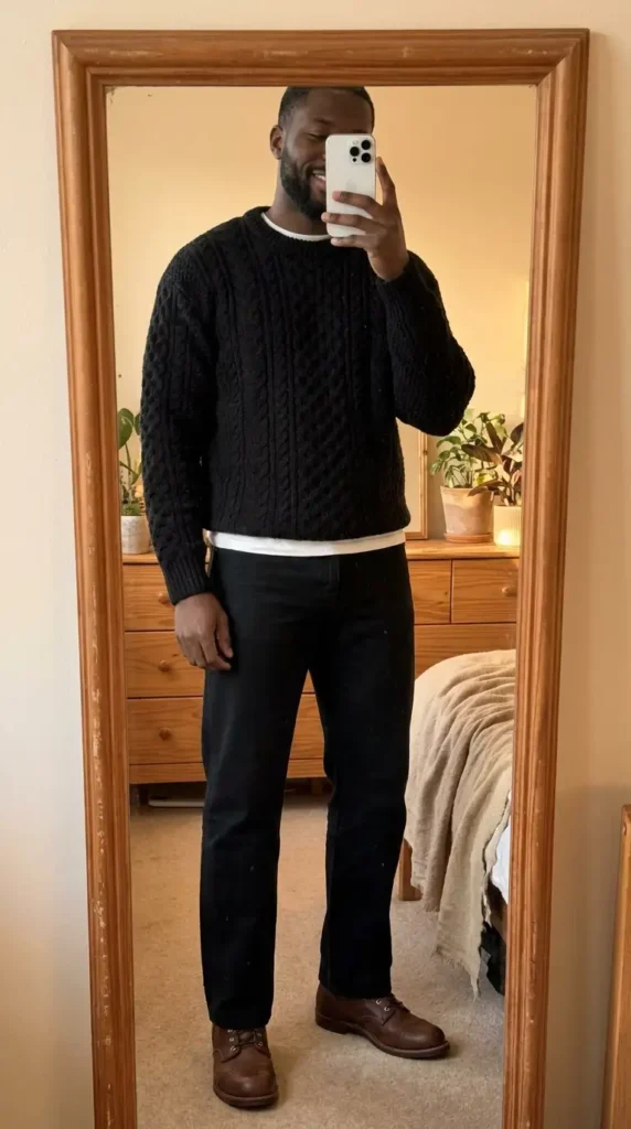 Casual black men outfit ideas: cable-knit crewneck sweater, straight black jeans, and brown leather boots.