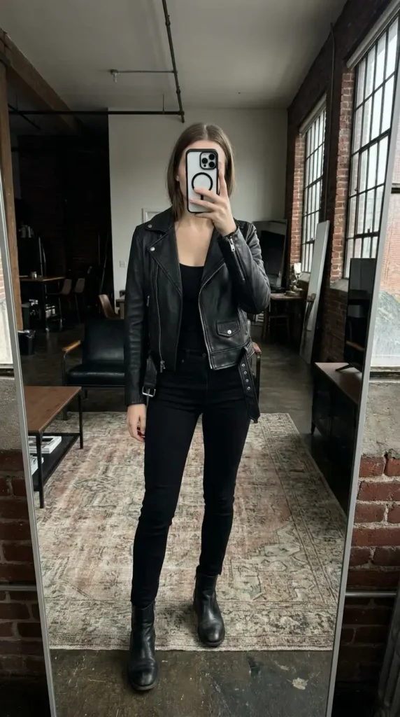 Black concert outfit ideas for women: classic black leather biker jacket paired with skinny jeans and ankle boots