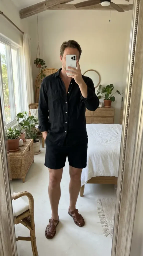Casual black men outfit ideas: relaxed linen shirt, black shorts, and brown leather sandals for summer style.