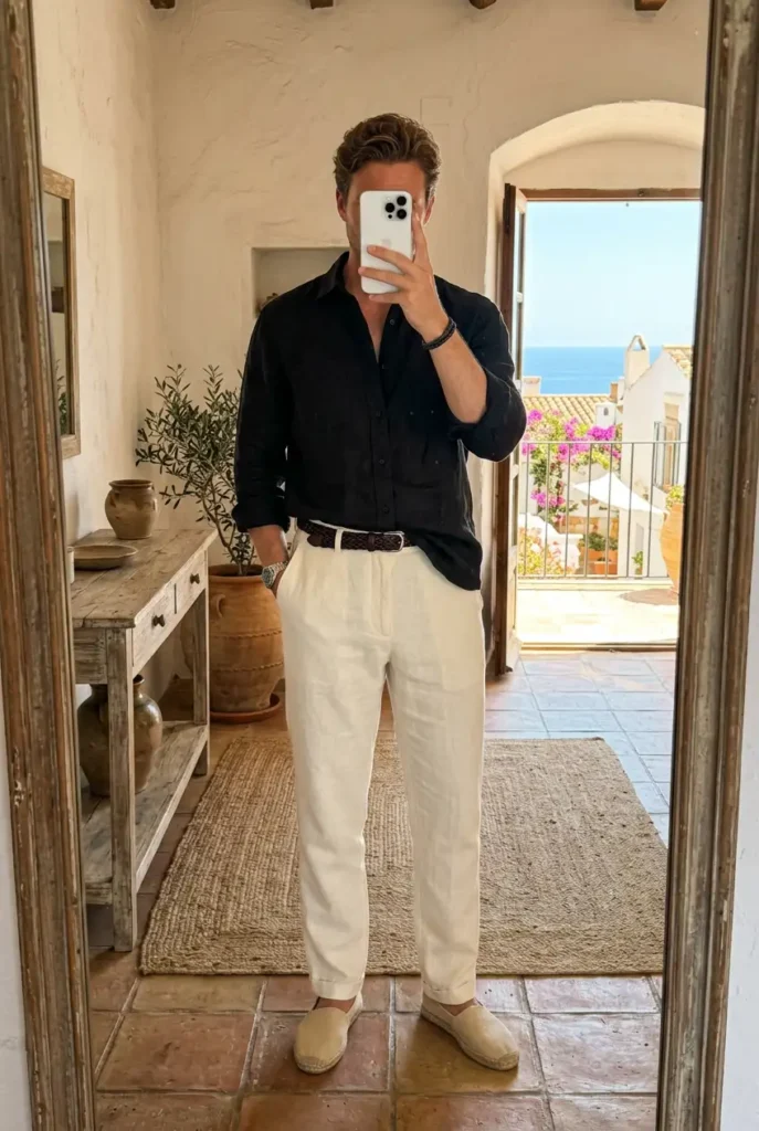 Old money black outfit ideas for men: relaxed black linen shirt, cream pleated trousers, and espadrilles by the sea.