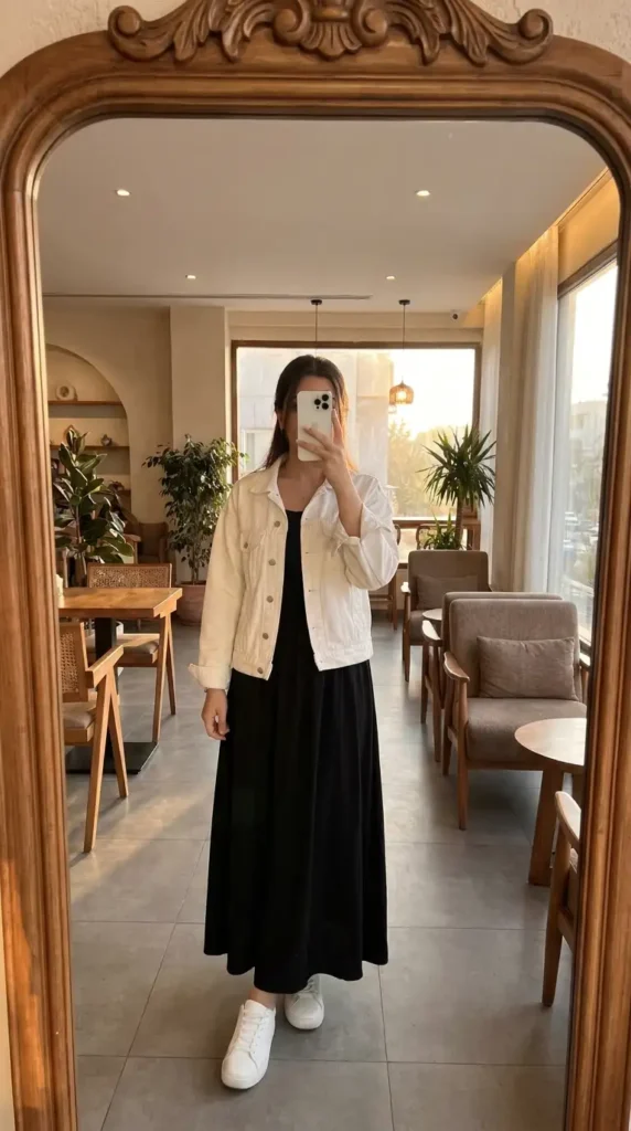Black and White Outfit Ideas for Birthday Parties: black maxi dress layered under a white denim jacket with sneakers.