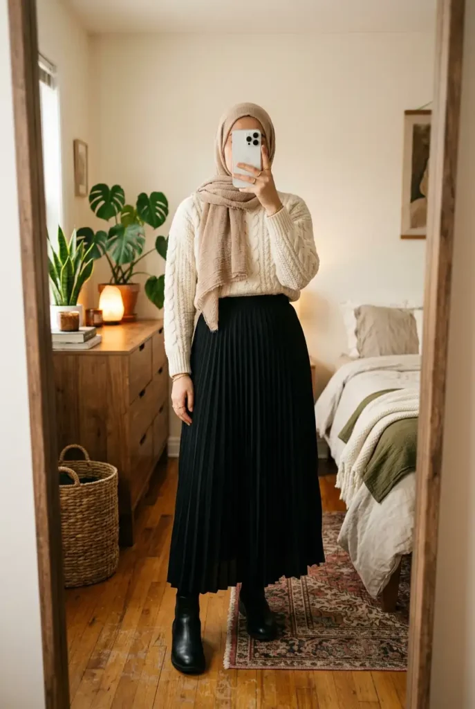 Cream cable knit sweater with black pleated maxi skirt and boots — black outfit ideas for women with hijab